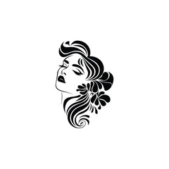 Black and white abstract floral design with silhouette of woman, butterfly, and nature elements in a simple, elegant pattern