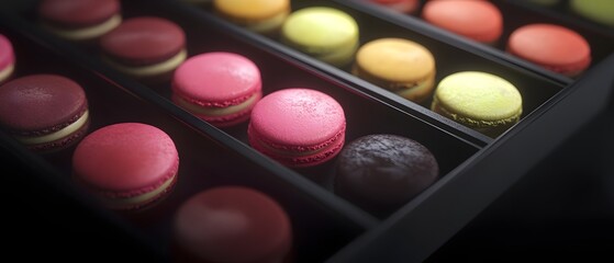A display of an elegant assortment of delicious and vibrant French of various flavors presented in a stylish black box