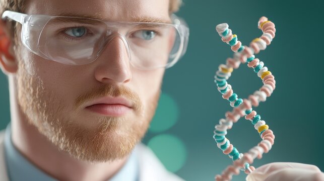 innovation DNA Helix Scientist working with a DNA model in a laboratory, representing scientific research, genetic engineering, and the advancement of medicine.