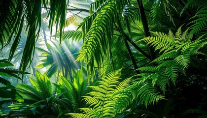 Fototapeta premium Emerald canopy drips, lush ferns unfurl, dappled sunlight filters through rain-soaked leaves, ecosystem, mushroom