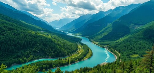 Fototapeta premium Emerald river winds through lush valley, majestic mountains loom , picturesque, perspective