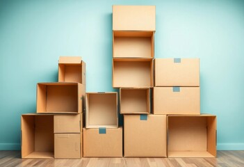 Empty cardboard boxes stacked, showing various sizes and empty space, stack, shipping box