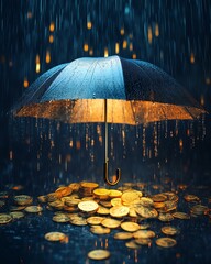 An artistic depiction of an umbrella shielding coins in the rain, symbolizing financial protection and prosperity.,Business life concept