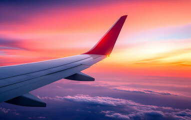 Obraz premium A breathtaking view of a colorful sunset from an airplane wing, highlighting the beauty of travel and exploration.