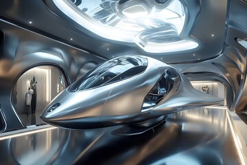 A futuristic, elegant spaceship is depicted in a dark, modern underground garage tunnel, with glossy columns and a white glow