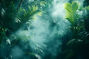 Dense jungle foliage with mist creating a mysterious atmosphere