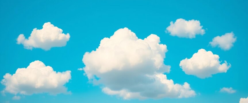 Fluffy white cartoon clouds float against a vibrant blue sky background, cute, vector