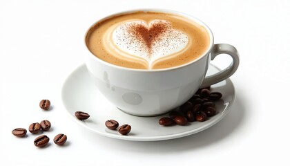 Fototapeta premium Hot cappuccino cup, heart shape latte art on froth. Coffee beans around cup. Espresso drink with aroma, caffeine. Fresh mocha for morning, break. Tasty hot drink on white background. Graphic liquid