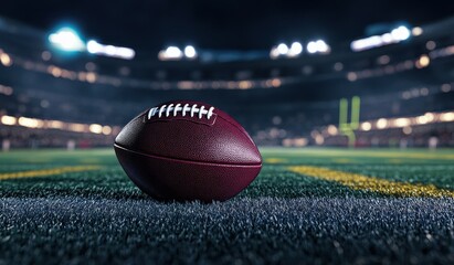 Football on a stadium field under bright stadium lights at night.