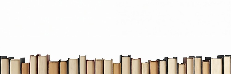 Row of upright paper books isolated on white background. Literature border with copy space for text. Bookshelf pattern with many textbooks for decoration. Education, reading, learning, studying
