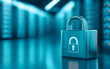 A close-up of a digital padlock symbolizing security in a modern data center environment with high-tech background.