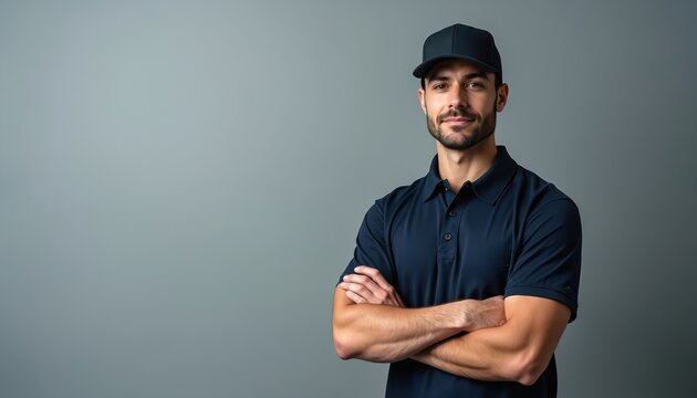 Confident delivery man in dark blue polo shirt, cap stands with crossed arms against grey background. Pro service industry worker mockup, studio shot. Supply chain concept. Good for delivery service
