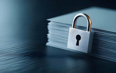 Naklejka premium A close-up of a locked padlock on a stack of documents, symbolizing security and the importance of data protection.