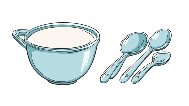 Light-blue mixing bowl and measuring spoons