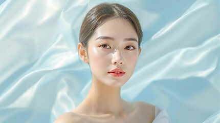 水色のベールのような柔らかい布と美しい若いアジア人女性のビューティーイメージ