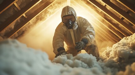 Obraz premium Worker conducts insulation installation in attic wearing protective gear