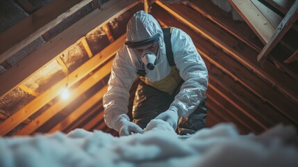 Worker in protective suit inspects attic insulation in dim light during home renovation
