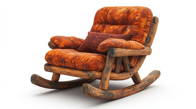 Wooden rocking chair with orange cushions on white background.  Possible use Interior design catalog, furniture store advertisement