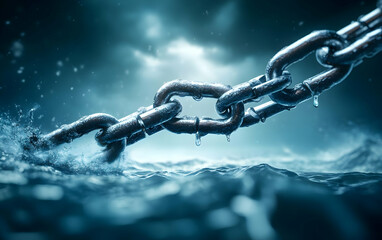 A close-up of a rusted metal chain submerged in dark water, illustrating strength and resilience in a dramatic environment.