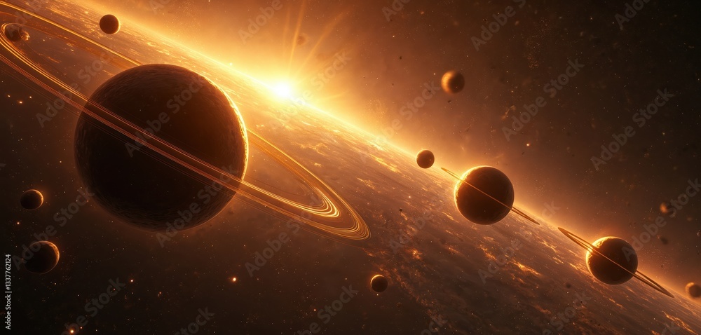 Canvas Prints 3d render of glowing golden planets with rings and sparkling particles in dynamic cosmic scene. futu