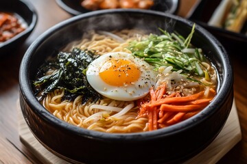 Hearty bowl of steaming ramen with a soft-boiled egg, seaweed, and assorted vegetables