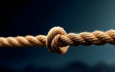 A close-up of a tightly tied rope knot, showcasing craftsmanship and strength under dramatic lighting.