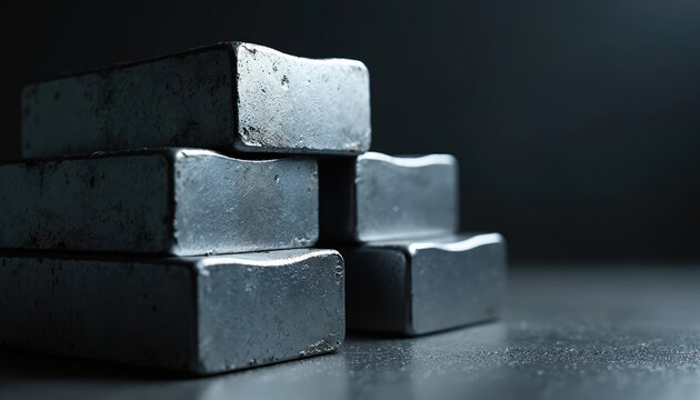 Macro shot of stacked shiny germanium metal ingots used in semiconductor manufacturing. Silver bullion bars as resource, alloy, chemistry material for industry, tech, electronics, processing.