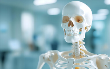 A close-up view of a detailed human skeleton model in a medical environment, showcasing anatomical features for educational purposes.