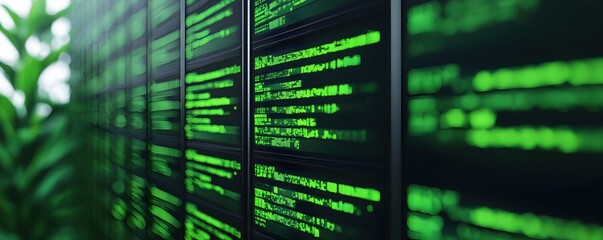 Obraz premium Digital Code Display with Green Text on Dark Background in Nature