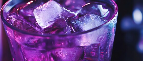 A vibrant and captivating purple cocktail with alluring shimmering ice cubes that create a mesmerizing and seductive visual display