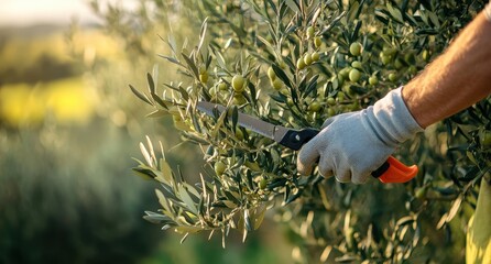 Close-up of hands pruning an olive tree branch with clippers.