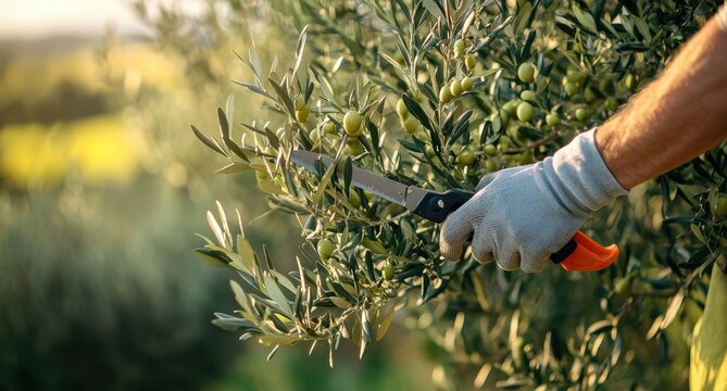 Close-up of hands pruning an olive tree branch with clippers. - Powered by Adobe