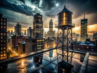 Fototapeta premium NYC Rooftop Water Tower Night Photography - Industrial Cityscape at Dusk