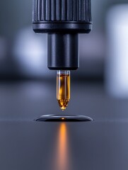 A close-up of a dropper releasing a golden droplet in focus on a reflective surface.