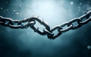 A close-up view of a rusty metal chain submerged in water, showcasing texture and underwater visuals in a dramatic setting.
