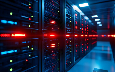 A close-up view of modern data center servers with vibrant blue and red lights, showcasing advanced technology and digital infrastructure.
