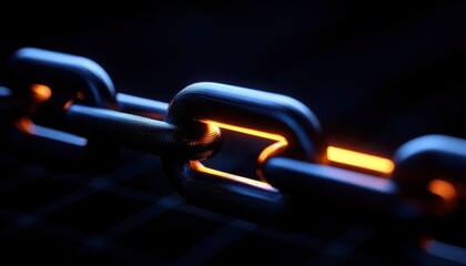 Naklejka premium A close-up shot of a glowing metal chain link against a dark background.