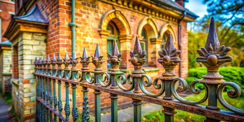 Fototapeta premium Old House Front Fence: Brickwork & Ornate Iron Detail - Vintage Architectural Stock Photo