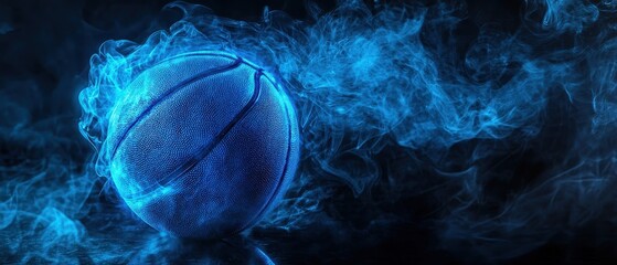 Glowing blue basketball enveloped in swirling smoke against a dark background.