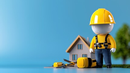 A construction figurine standing near a model house with tools on the ground.