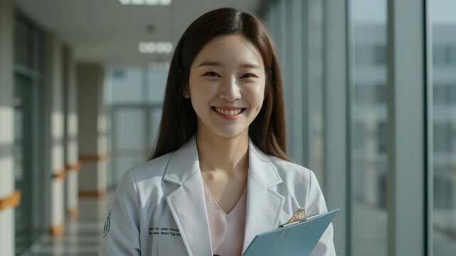 Smiling asian female doctor wearing white coat holding clipboard in hospital corridor