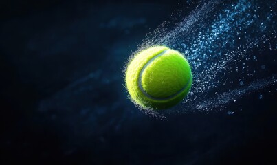 Dynamic tennis ball in flight with water droplets on a dark background.