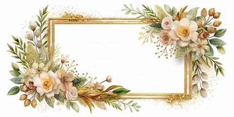 Opulent Gold Botanical Wedding Frame with Glitter, Isolated White Background - Elegant Floral Design