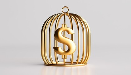 A golden birdcage featuring a dollar symbol, representing financial constraints.