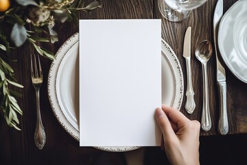 hand holding a blank Menu paper, luxury restaurant table with a plate and silver cutlery background, blank mock up menu sheet, 32k Resolution