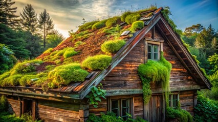 Fototapeta premium Overgrown Green Roof Wooden House - Urban Exploration Photography