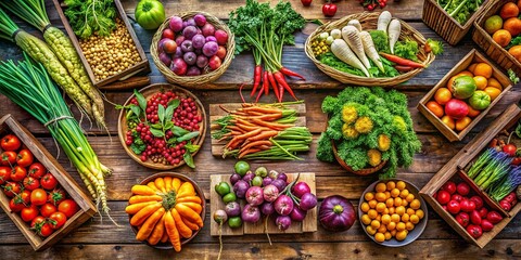 Overhead Shot of Freshly Harvested Vegetables at Rustic Farmer's Market