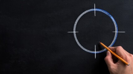 A hand drawing a circular shape with chalk on a blackboard in a creative workspace.