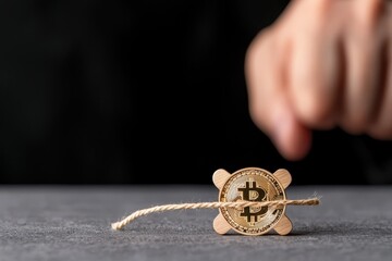 A hand reaching for a wooden Bitcoin symbol with a rope on a gray surface.