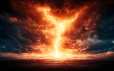 A dramatic scene depicting a thunderstorm with fiery lightning illuminating the dark clouds, showcasing nature's raw power.